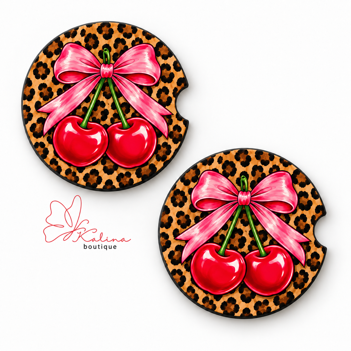 Cherry Bow & Leopard Print Car Coasters