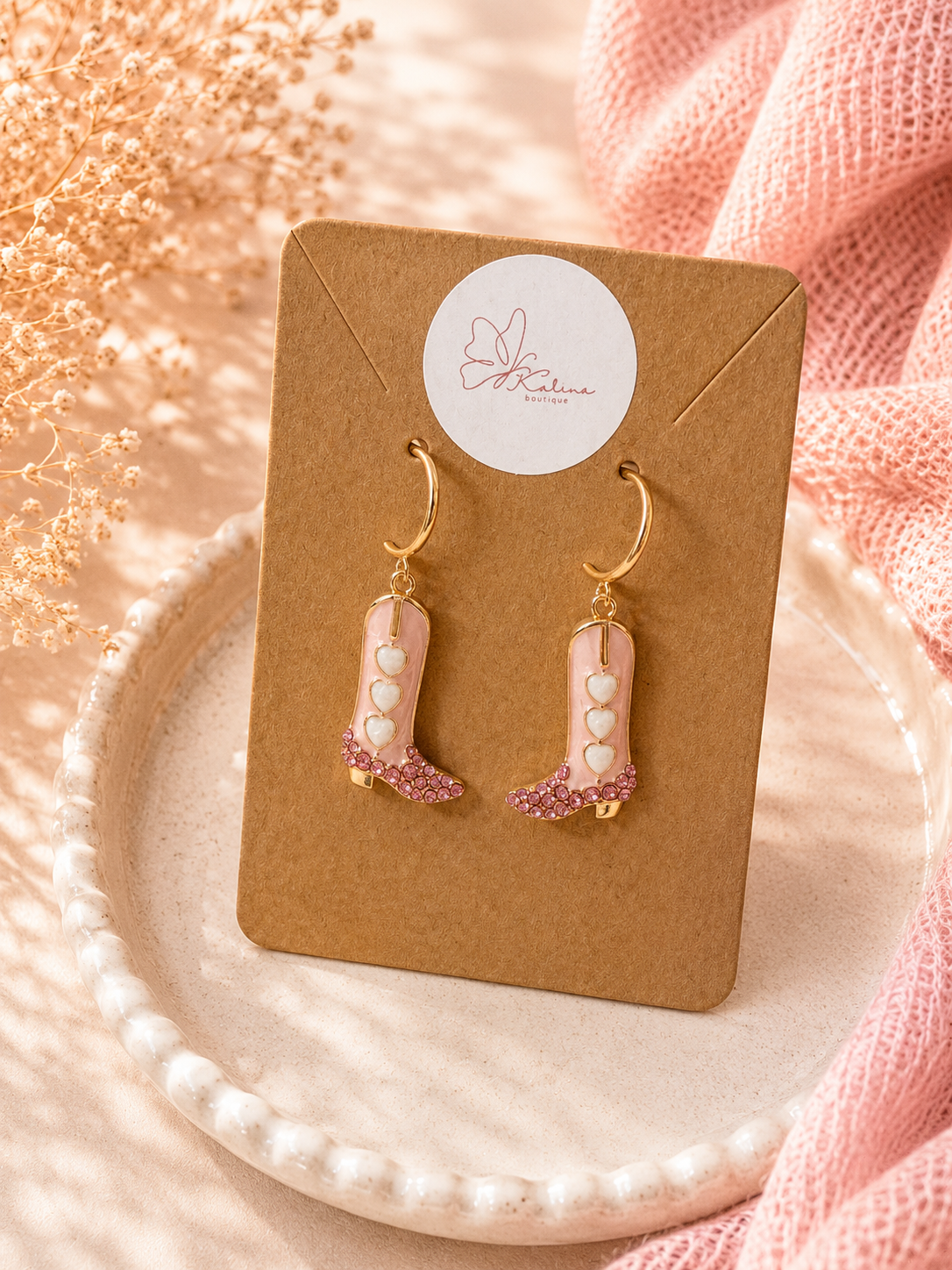 Pink Heart Cowgirl Boot Earrings