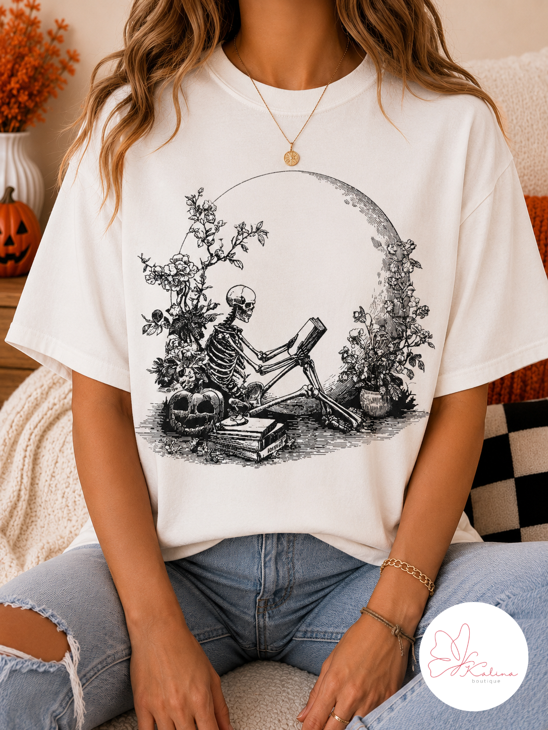 Spooky Bookworm Skeleton Graphic Tee