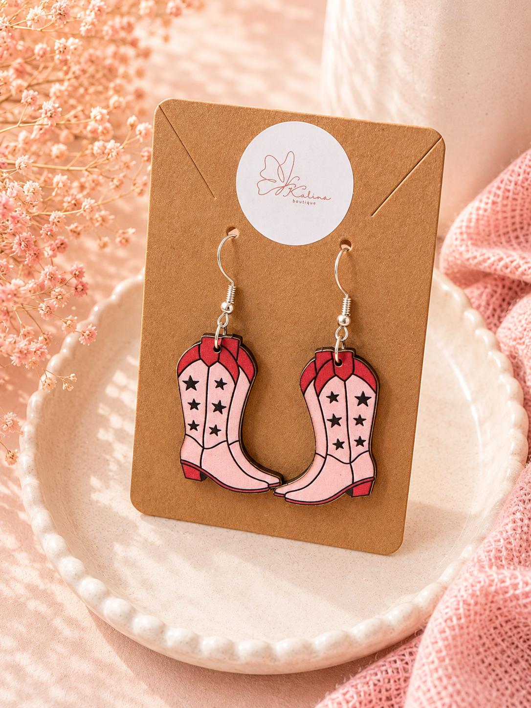 Pink Star Cowgirl Boot Earrings