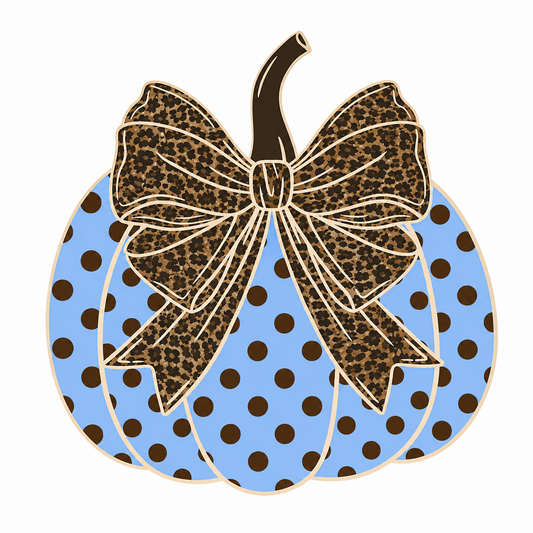 Blue Polka Dot Pumpkin with Leopard Bow DTF Transfer