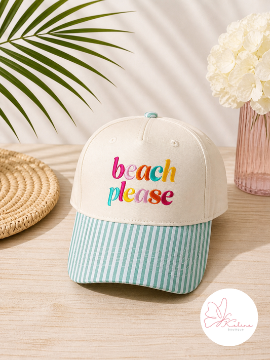 "Beach Please" Striped Brim Hat