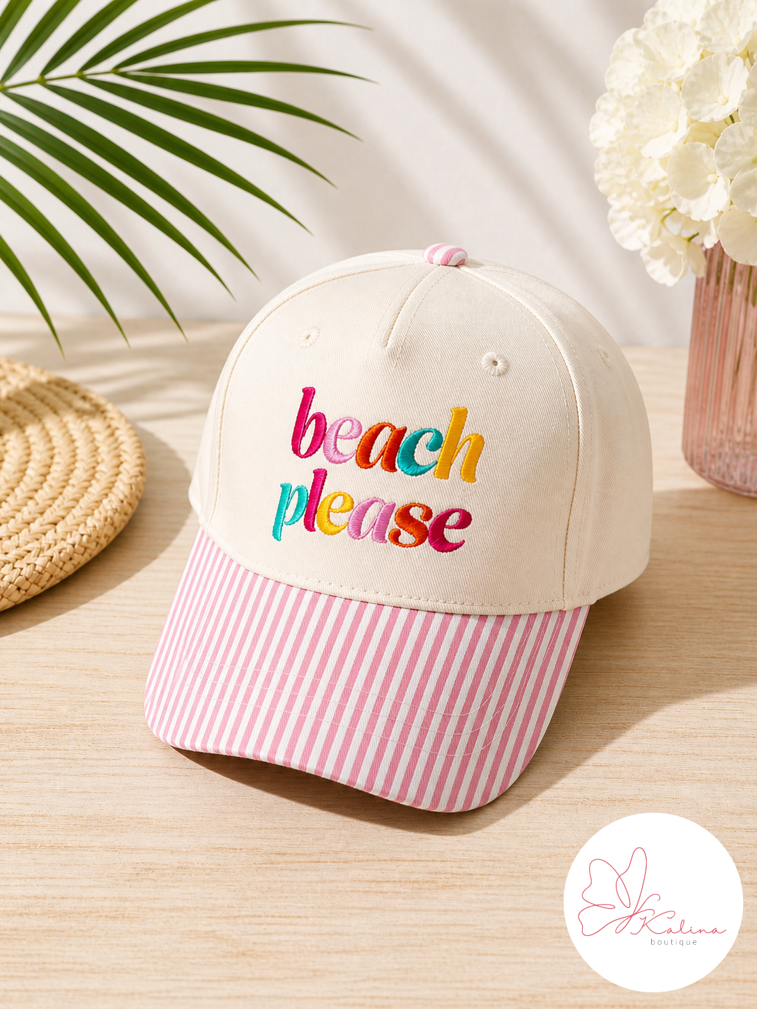 "Beach Please" Striped Brim Hat