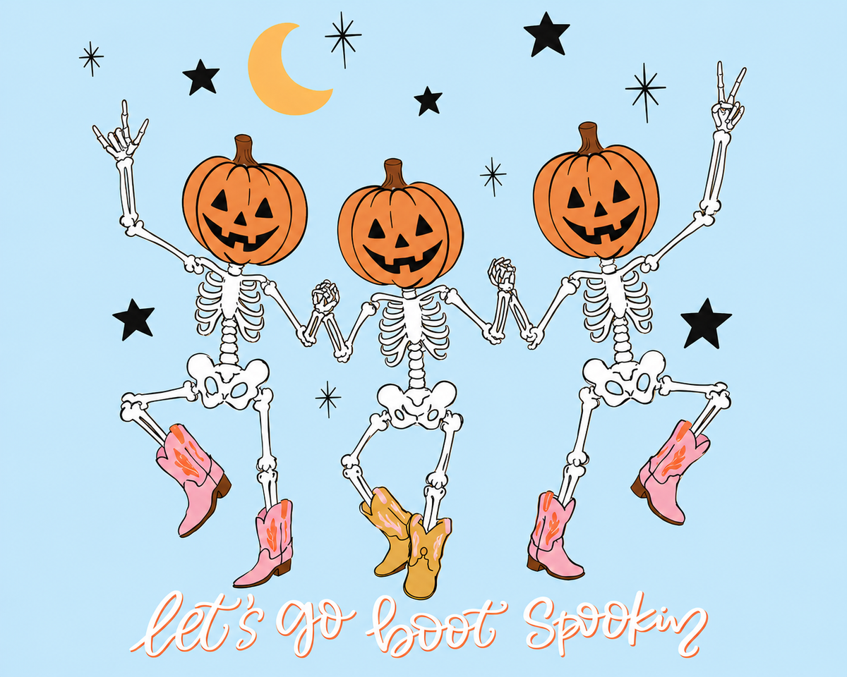 Let’s Go Boot Spookin’ Pumpkin Skeletons DTF Transfer