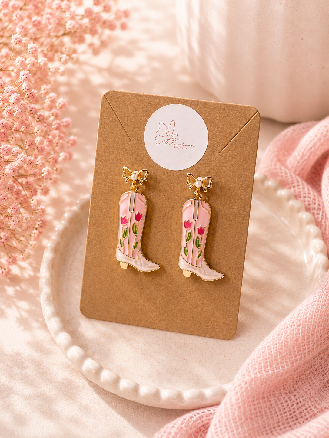 Pink Floral Cowgirl Boot Earrings