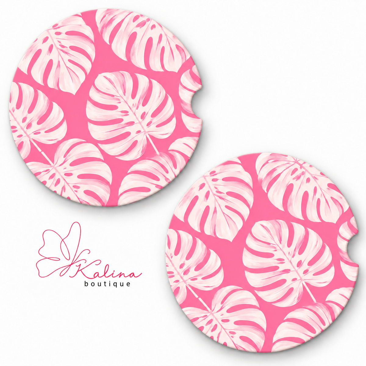 Pink Tropical Monstera Car Coasters