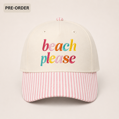 "Beach Please" Striped Brim Hat