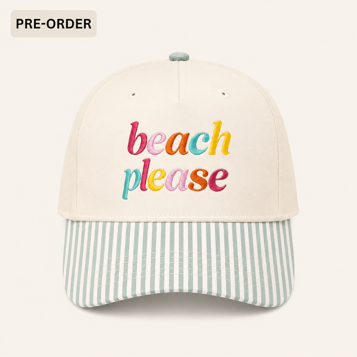 "Beach Please" Striped Brim Hat