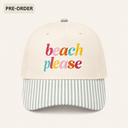 "Beach Please" Striped Brim Hat