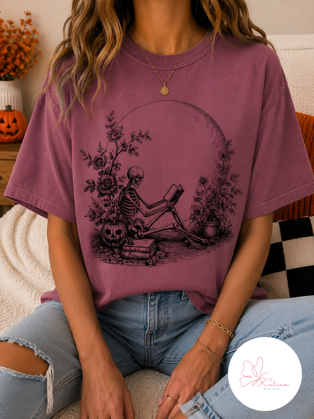 Spooky Bookworm Skeleton Graphic Tee