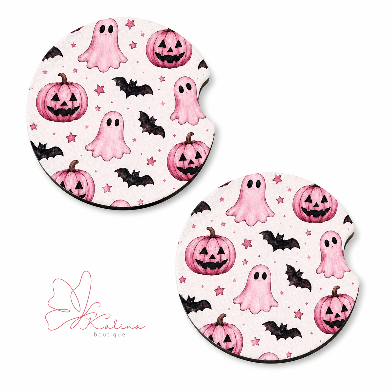 Pink Ghost & Pumpkin Halloween Car Coasters