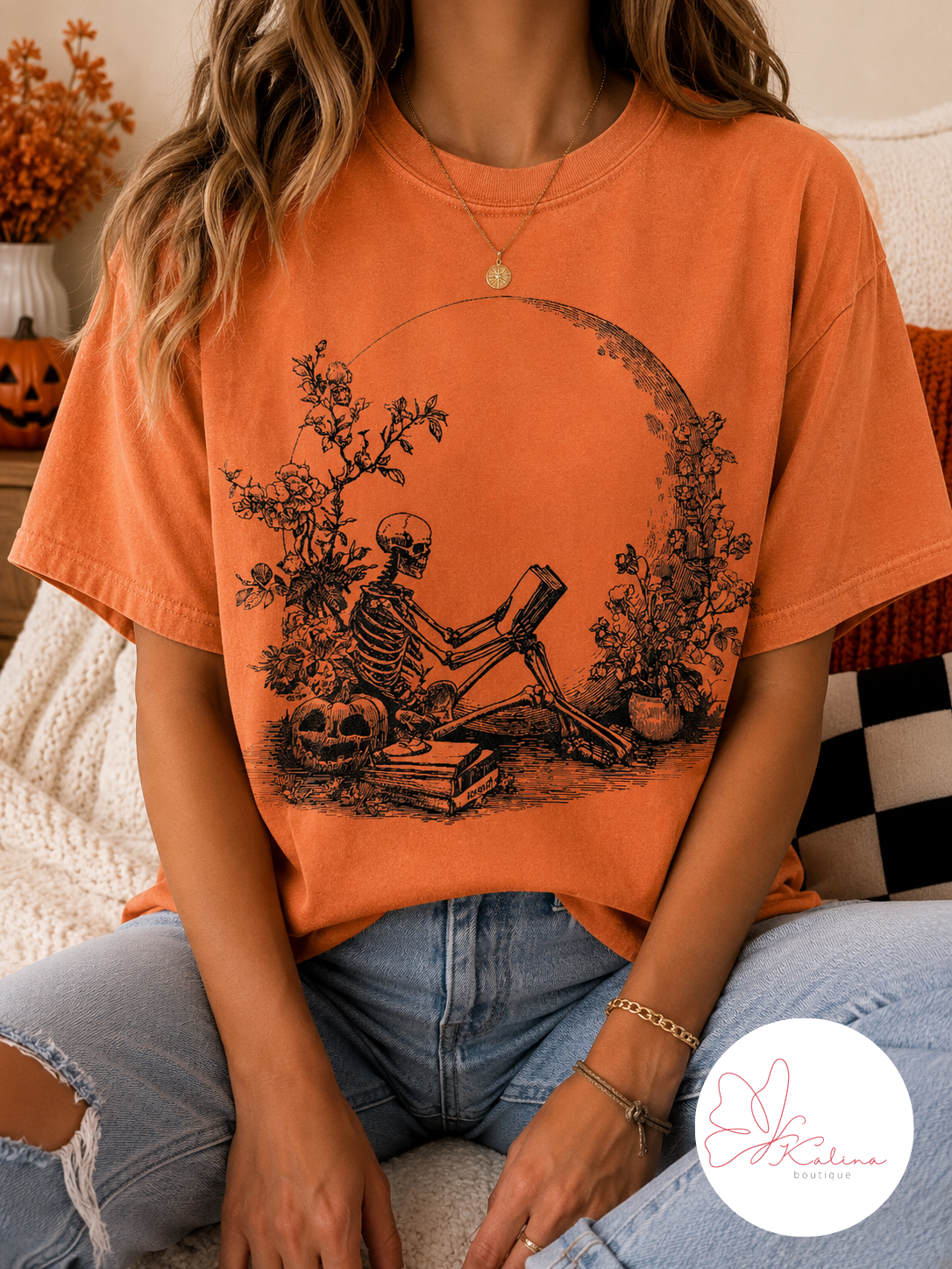 Spooky Bookworm Skeleton Graphic Tee
