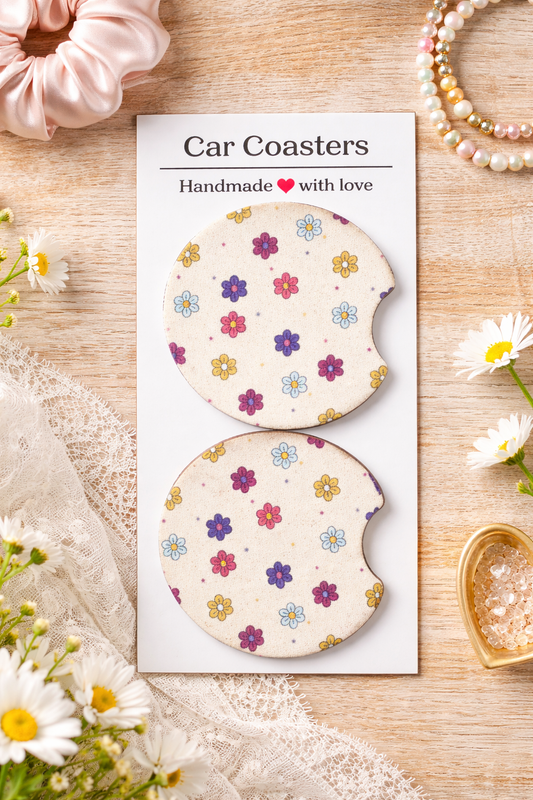White Floral Car Coasters